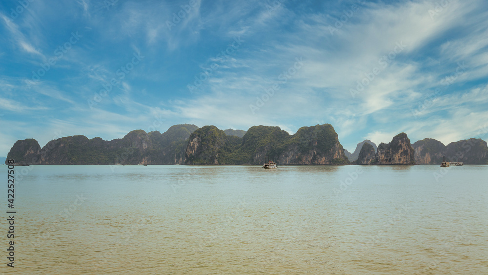 Fototapeta premium Halong Bay Landscape View. Horizontal landscape View of this beautiful Natural Wonder. UNESCO World Heritage Site since 1994 features a wide range of biodiversity.