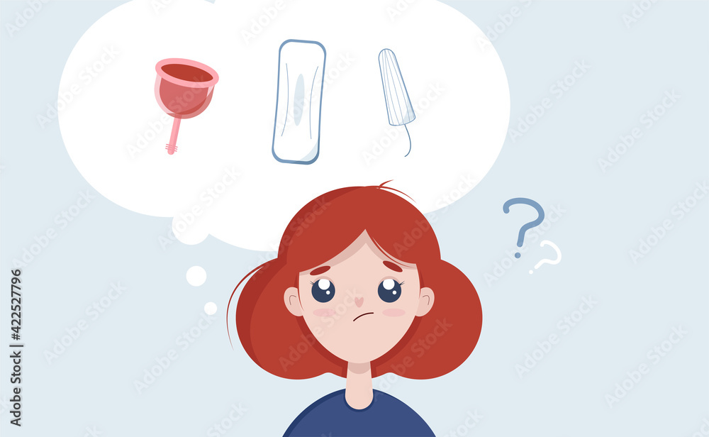 Choice menstrual cycle, tampon, female pad, menstrual cup. Girl choosing between tampon and menstrual cup. Vector illustration for blog, site flat cartoon style Choice menstrual cycle, tampon, female pad, menstrual cup. Girl choosing between tampon and menstrual cup. Vector illustration for blog, site flat cartoon style