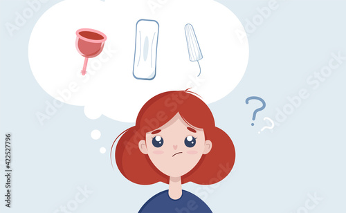 Choice menstrual cycle, tampon, female pad, menstrual cup. Girl choosing between tampon and menstrual cup. Vector illustration for blog, site flat cartoon style