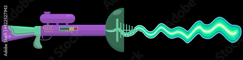 Vector illustration of a blaster firing a beam. Alien weapon concept. Children's weapons for games. colorful picture for game design.