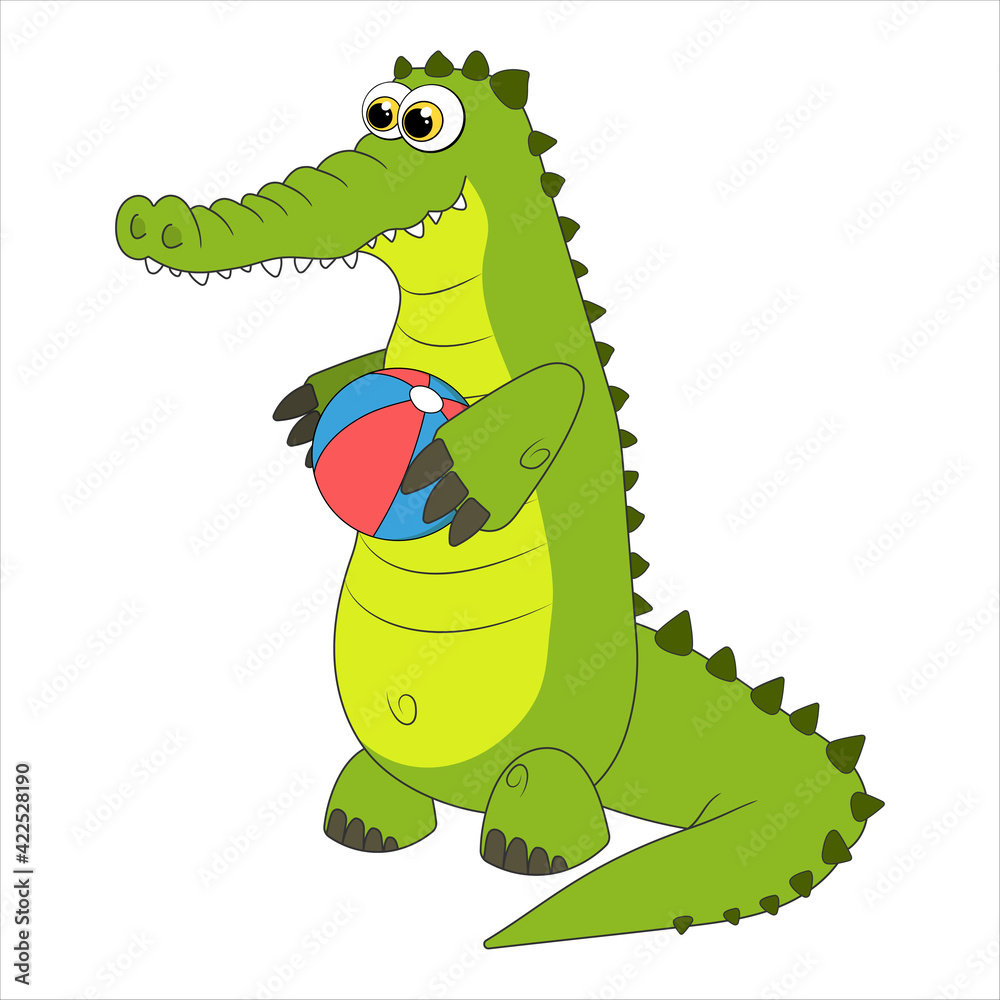 Fototapeta premium Alligator with ball. Cartoon character Crocodile isolated on white background. Template of education card for kids learning animals. Suitable for decoration and design. Vector in cartoon style.