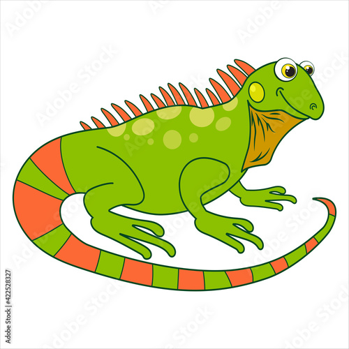 Iguana. Cartoon character Chameleon isolated on white background. Template of cute wild animal. Education card for kids learning animals. Suitable for decoration and design. Vector in cartoon style.