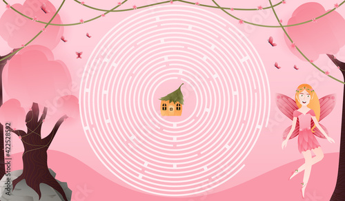Light pink labyrinth wit cute fairy character, help find way to magic house, forest scene for children books