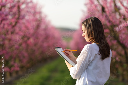 Woman drawing a pink field in a notebook