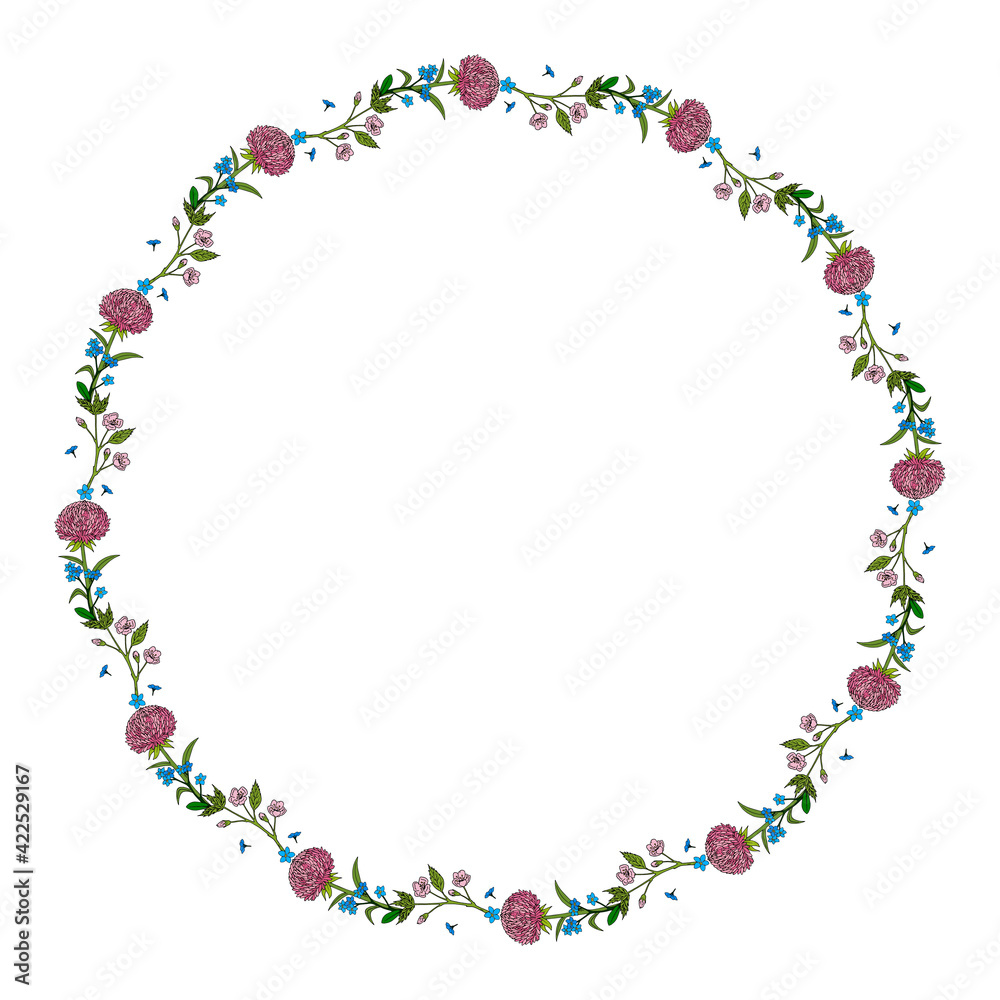 Round frame with pink aster and forget-me-not flowers and sakura branches on white background. Doodle style. Vector image. Round frame with pink aster and forget-me-not flowers and sakura branches on white background. Doodle style. Vector image.