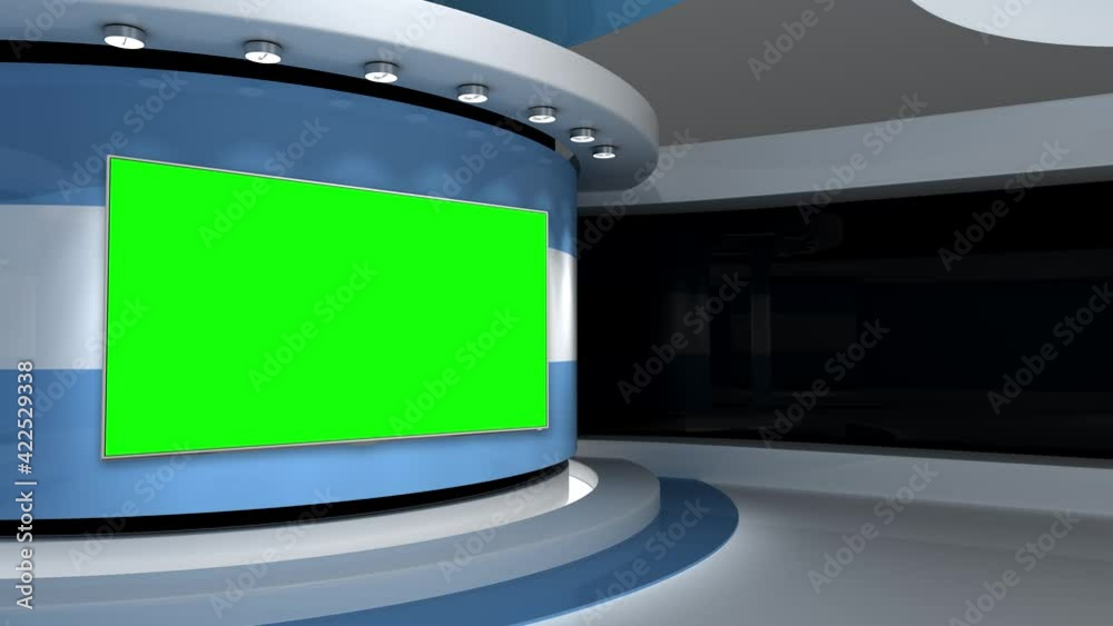 TV studio. Light blue background. Loop animation. News studio. Background for any green screen or chroma key video production. 3d render. 3d TV studio. Light blue background. Loop animation. News studio. Background for any green screen or chroma key video production. 3d render. 3d