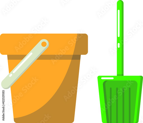 Children's bucket with a scoop. Drawing in flat design.