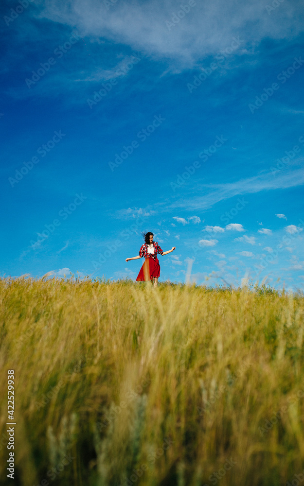 girl in a red skirt enjoys the summer in the field girl in a red skirt enjoys the summer in the field