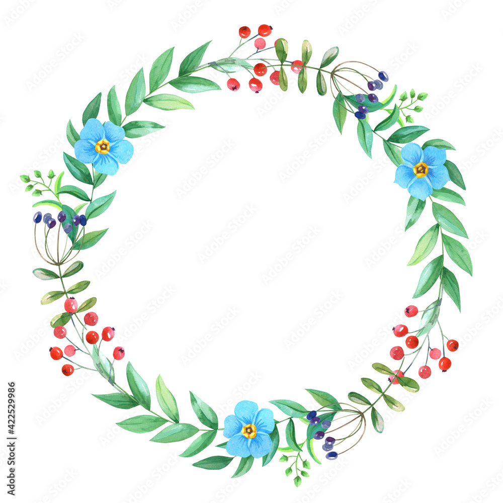 Watercolor Spring wreath with blue forget-me-nots,myosotis flowers,twig,green leaves,berry.