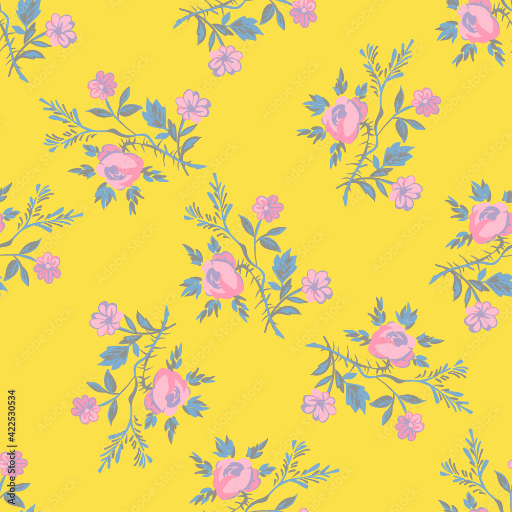Hand drawn flowers roses, leaves seamless pattern abstract background wallpaper. Line art botanical illustration. Floral wall art vector illustration in trendy color yellow for graphic design, print Hand drawn flowers roses, leaves seamless pattern abstract background wallpaper. Line art botanical illustration. Floral wall art vector illustration in trendy color yellow for graphic design, print