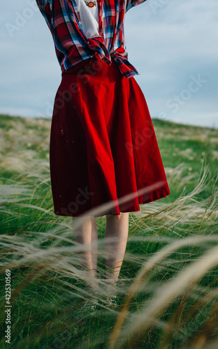 girl in a red skirt enjoys the summer in the field