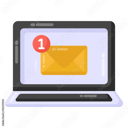 
Envelope inside laptop denoting flat icon of electronic mail notification 

