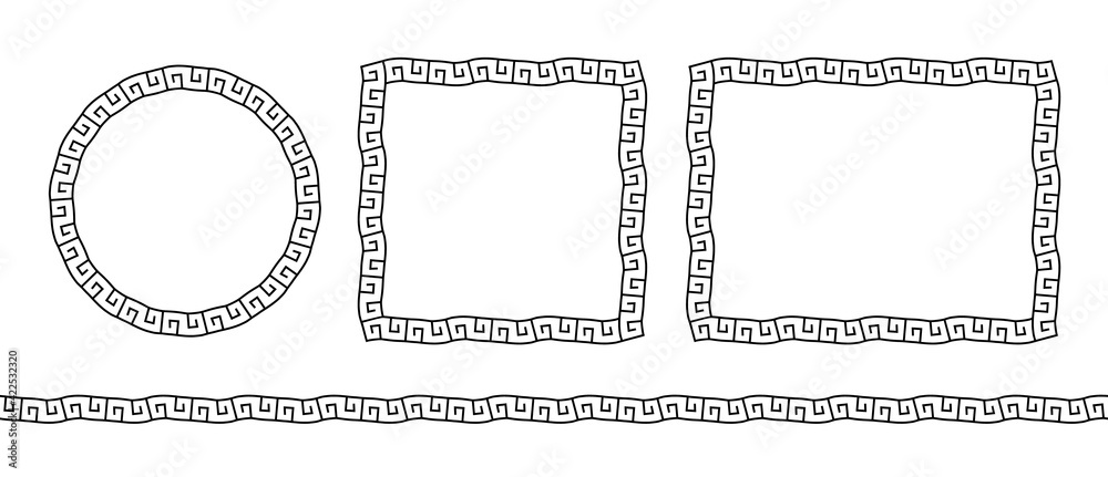 Set greek frame. Meander pattern collection border. Greek frame. Greece ornament. Grecian ancient style. Roman design. Geometric mediterranean decoration. Element antique symbol. Vector illustration Set greek frame. Meander pattern collection border. Greek frame. Greece ornament. Grecian ancient style. Roman design. Geometric mediterranean decoration. Element antique symbol. Vector illustration