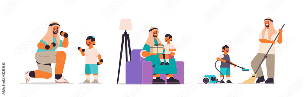 set arab father spending time with little son parenting fatherhood friendly family concept