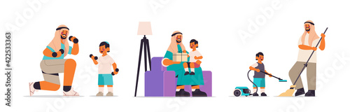 set arab father spending time with little son parenting fatherhood friendly family concept