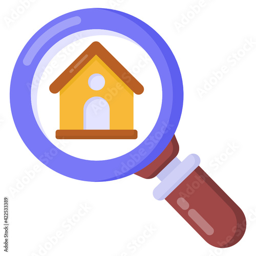 
Home inside magnifier denoting flat icon of property search 


