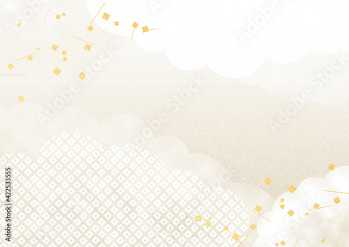 鹿の子模様の雲と切金と質感のある背景 和風イラスト背景素材（ベージュ）