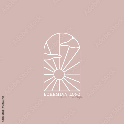 bohemian logo line. modern minimalism style. phases of the moon and the sun. lunar eclipse and new moon. botanical frame. ideal for packaging design