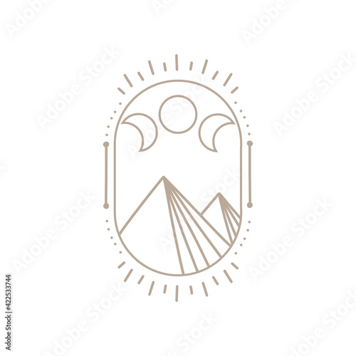 bohemian logo line. modern minimalism style. phases of the moon and the sun. lunar eclipse and new moon. botanical frame. ideal for packaging design