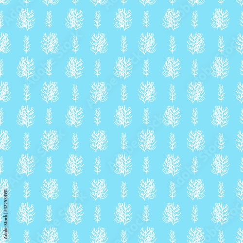 Light blie seamless patterns with white silhouettes of sea creatures.