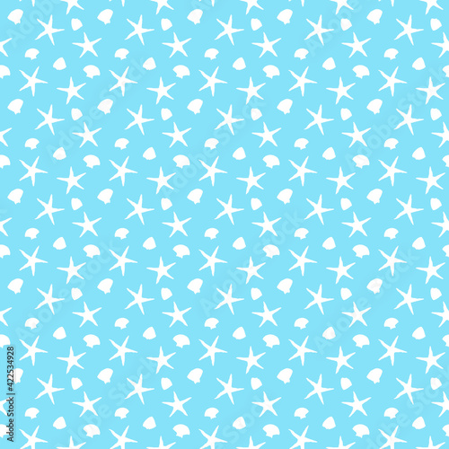 Light blie seamless patterns with white silhouettes of sea creatures.
