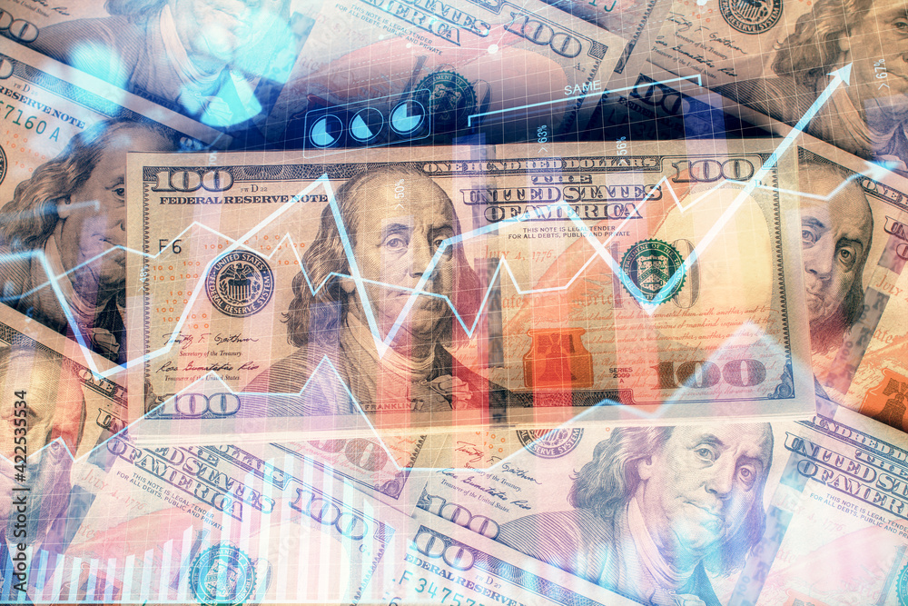 Multi exposure of forex chart drawing over us dollars bill background. Concept of financial success markets. Multi exposure of forex chart drawing over us dollars bill background. Concept of financial success markets.