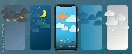 Weather forecast app widget set. Vector illustration. Daily application template with paper cut climate icons. Thunderstorm, rain, sunny day, night and winter snow. Vector
