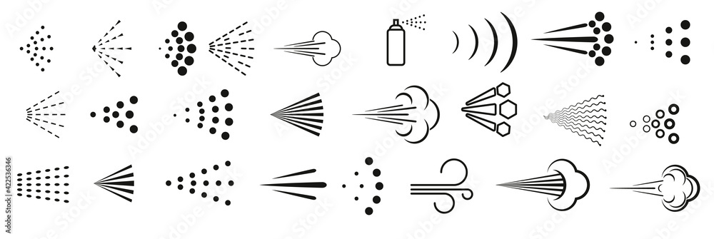 Spray icons set. Simple black fluid spray cloud symbols.