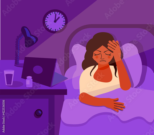 African-American Woman with insomnia and fatigue, insomnia and thinking. woman in bed with her laptop on in the dark of the night room. The girl is stressed. Flat vector illustration in cartoon style.