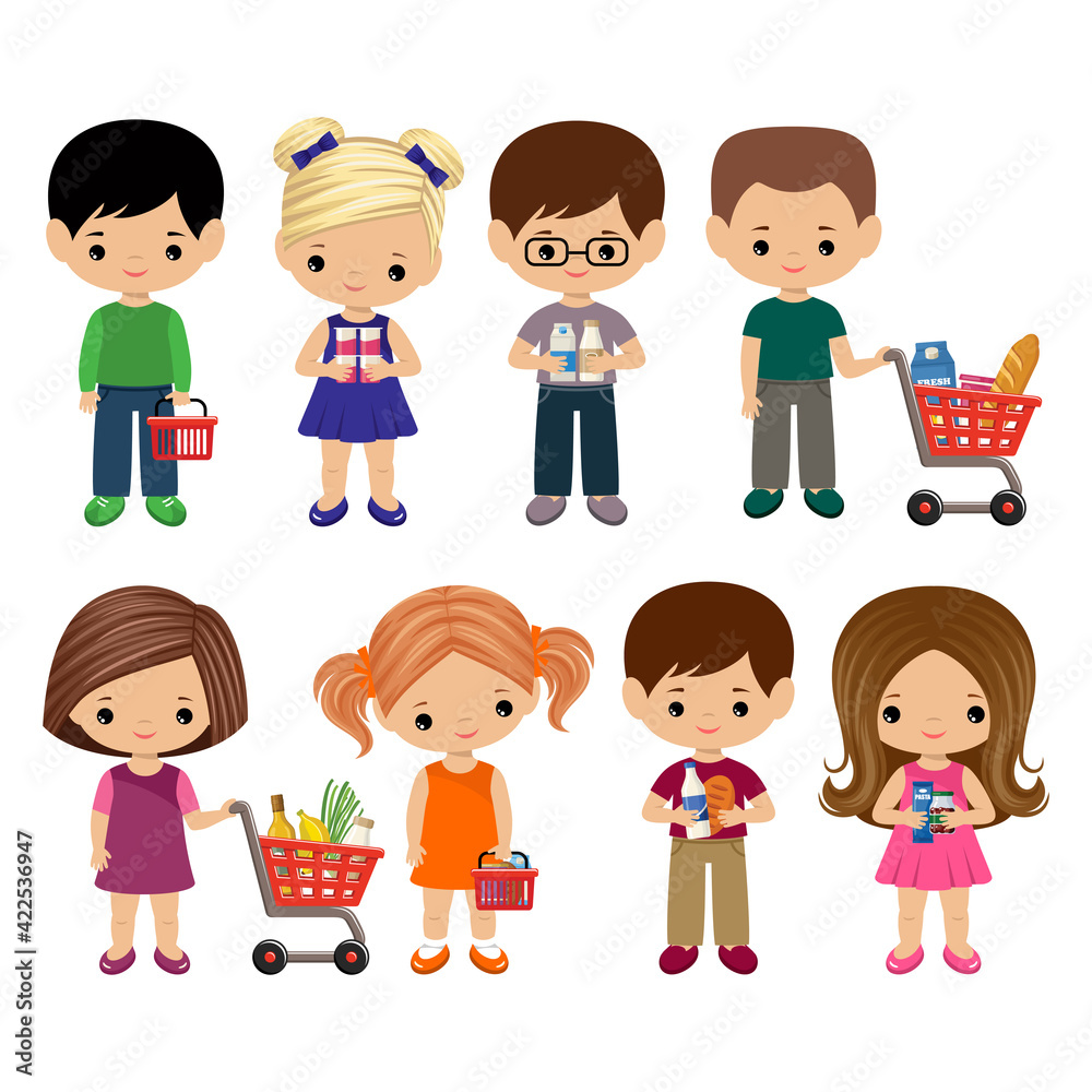 Boys and girls with grocery baskets and trolleys on a white background Boys and girls with grocery baskets and trolleys on a white background