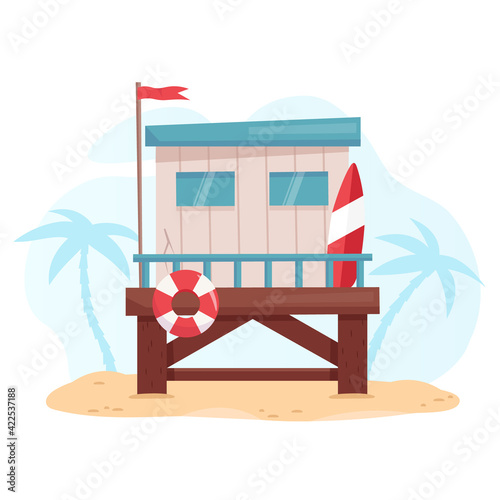 Lifeguard station on the beach with palms. Flat design vector illustration.