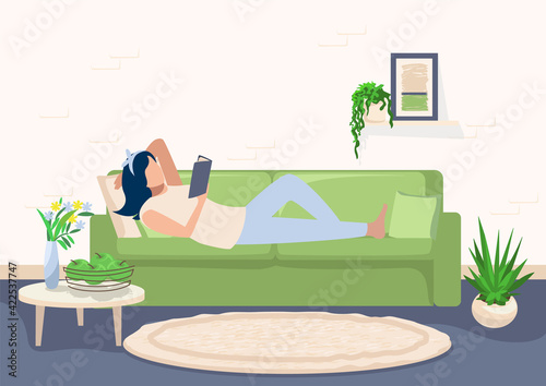 Vector illustration of a girl lying on the sofa in the living room and reading a book on the background of a modern interior in a flat style