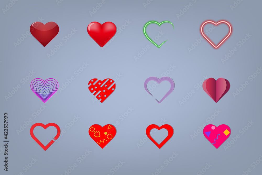A set of cute stylized hearts, volumetric, neon and paper.