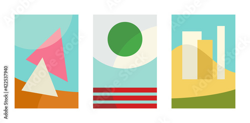 Set of abstract colorful art compositions. Minimal geometric flat shapes illustrations