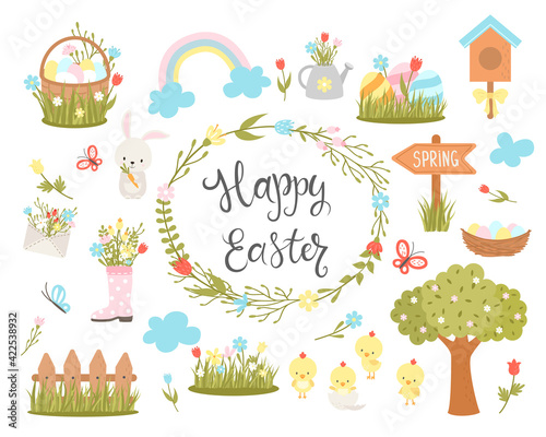 Set of Easter design elements. Easter cartoon characters and floral elements. For holiday decoration and spring greeting cards. Bunny, chickens, eggs and flowers. Vector illustration.