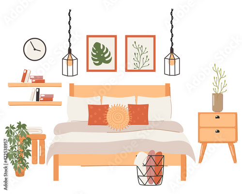Set of stylish scandinavian bedroom interior. Modern scandinavian bed, clock, basket, lamp, plant, home decorations.