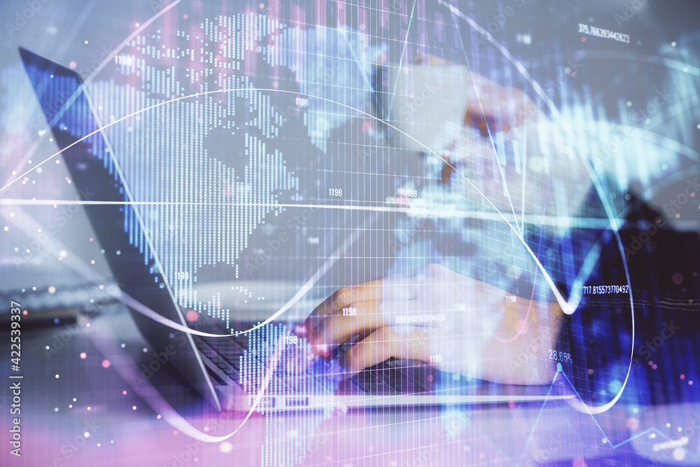 Multi exposure of woman hands typing on computer and business theme hologram drawing. Success concept. Multi exposure of woman hands typing on computer and business theme hologram drawing. Success concept.