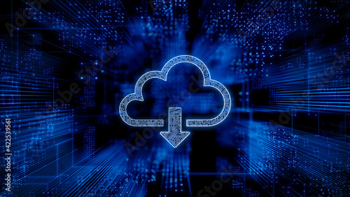 Data storage Technology Concept with cloud download symbol against a Futuristic, Blue Digital Grid background. Network Tech Wallpaper. 3D Render 