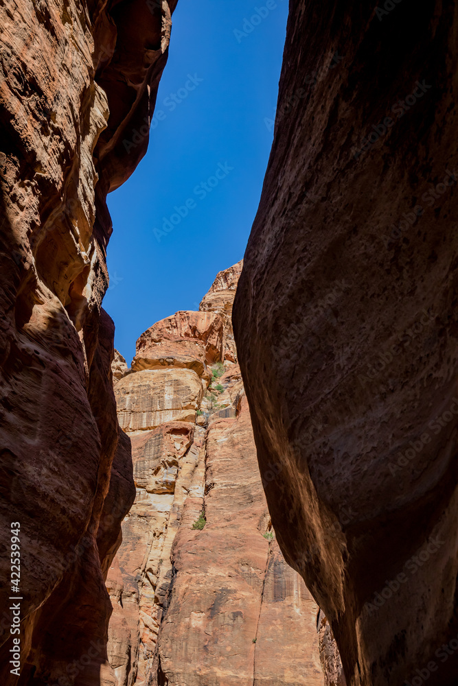 Dramatic cliffs loom over the canyon in Petra