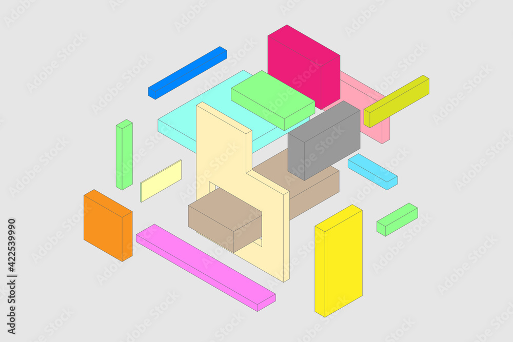 Rectangles of different shapes and colors in an abstract isometric image Rectangles of different shapes and colors in an abstract isometric image