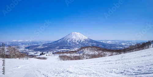 Quiet ski resort on a clear day in early spring (Niseko Mt.Resort Grand Hirafu, Hokkaido, Japan) photo