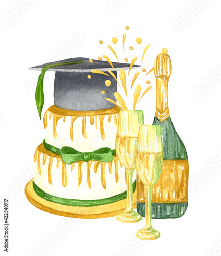 Watercolor cake and a champagne bottle to celeberate successful graduation from school. Hand drawn graduation cake with hat on top. photo