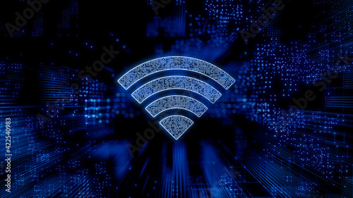 Wireless Technology Concept with wifi symbol against a Futuristic, Blue Digital Grid background. Network Tech Wallpaper. 3D Render  photo