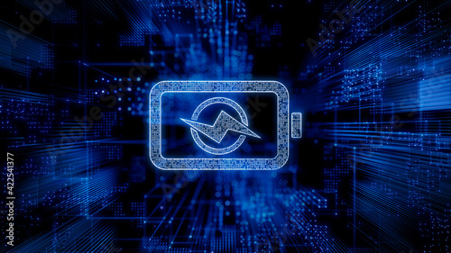 Energy Technology Concept with battery symbol against a Futuristic, Blue Digital Grid background. Network Tech Wallpaper. 3D Render 