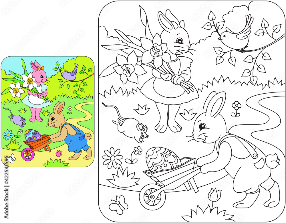 Tytuł: Rabbits with a wheelbarrow_coloring pages Tytuł: Rabbits with a wheelbarrow_coloring pages