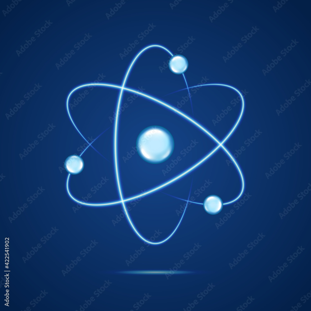 Atom icon. Neon light atomic neutron. Atom blue color. Nuclear atom. 3d cell nucleus. Molecule fusion. Orbit spin. Proton core symbol. Ion element. Science physics. Energy core. Vector illustration - obrazy, fototapety, plakaty 