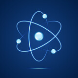 Atom icon. Neon light atomic neutron. Atom blue color. Nuclear atom. 3d cell nucleus. Molecule fusion. Orbit spin. Proton core symbol. Ion element. Science physics. Energy core. Vector illustration