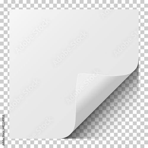 Sheet of white paper with curled corner and soft shadow. Element for ad. Vector illustration.