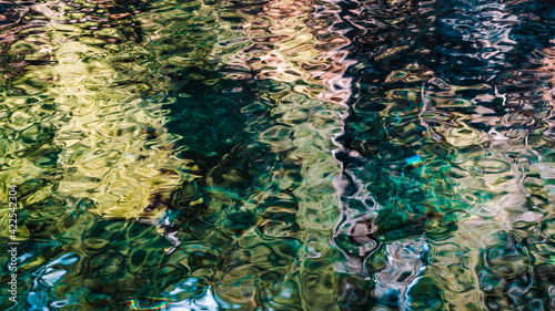 A pattern in water created by reflection of trees and colorful blue water from Tamolitch Blue Pool, a striking pool with frigid waters via McKenzie River Trail, a 3.7 mile heavily trafficked out and b photo