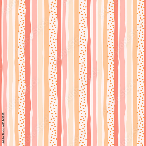 Seamless feminine pattern with hand drawn multicolored wavy stripes with ragged edges and tiny spots